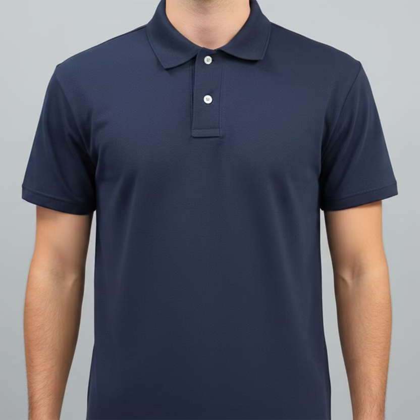 Person wearing a navy polo shirt against a gray background