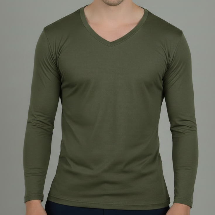 Green long-sleeve shirt worn by a person on a neutral background