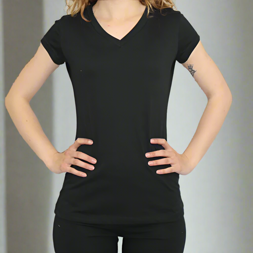 WomenVneckBlackshortsleeve