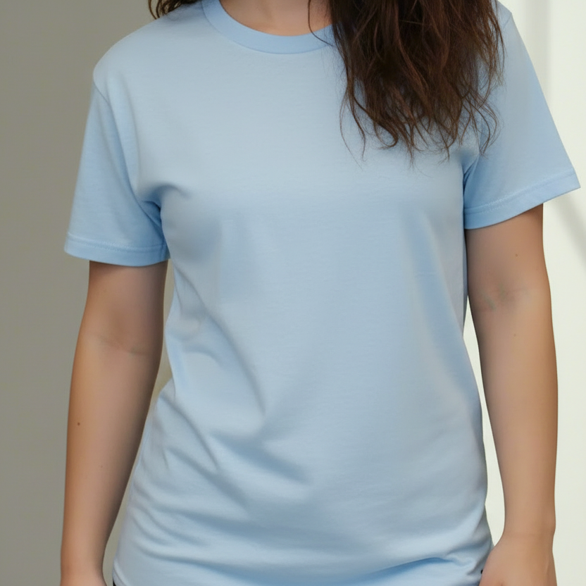 person wearing a light blue t-shirt