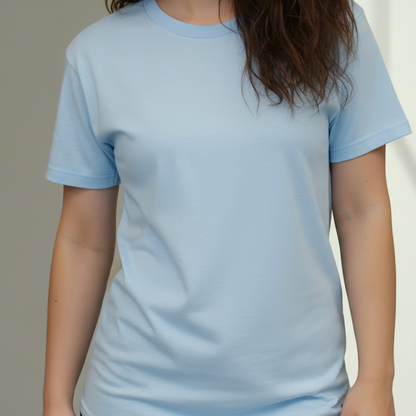 person wearing a light blue t-shirt