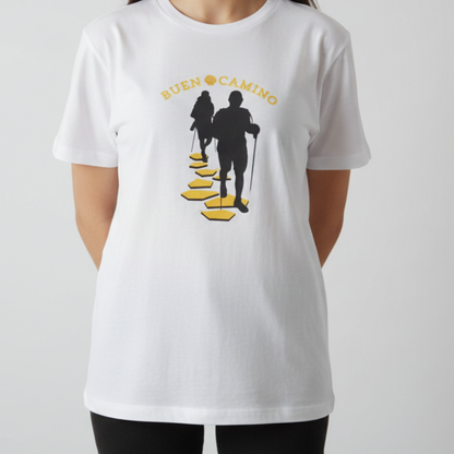 White t-shirt with black and yellow graphic design on a plain background