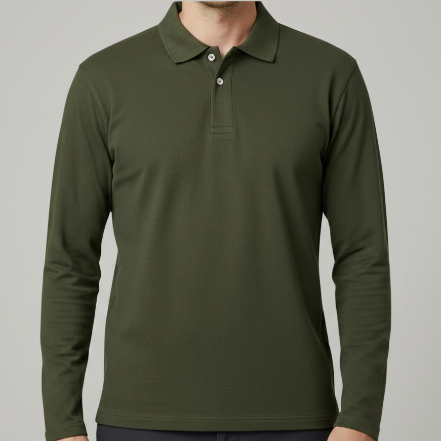 Green long-sleeve polo shirt on a white background