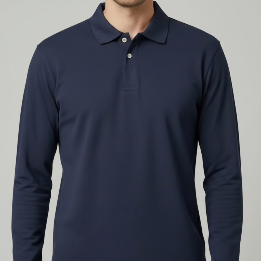 Navy long-sleeve polo shirt on a white background