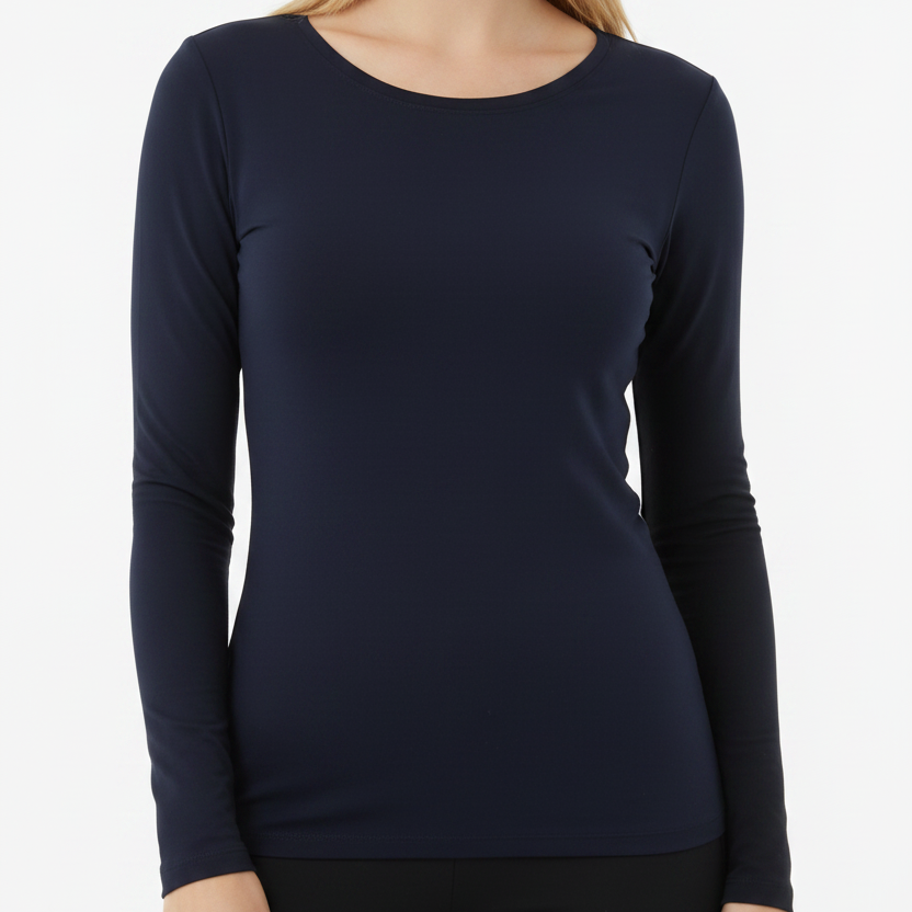 Person wearing a navy long-sleeve top on a white background
