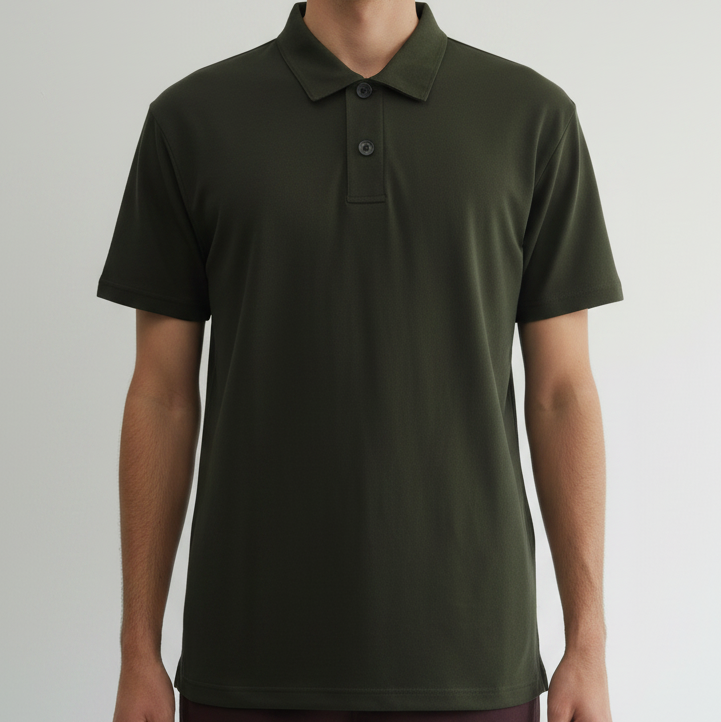 Green polo shirt on a model with a white background