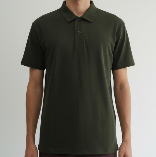 Green polo shirt on a model with a white background