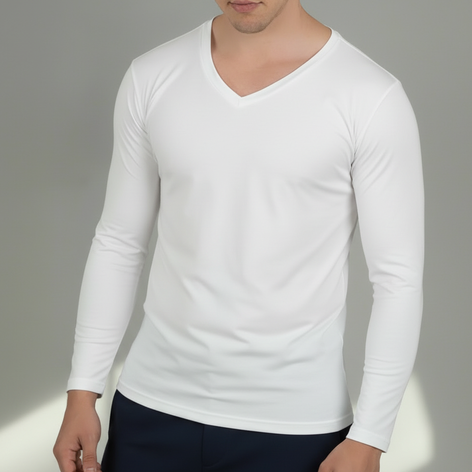 Person wearing a plain white V-neck t-shirt against a neutral background